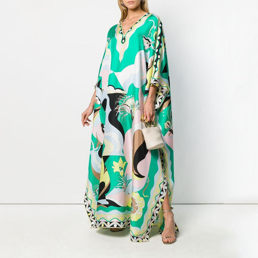 Womens Robe Loose Casual Fashion Printing V-Neck Long Skirt Holiday Style Dress