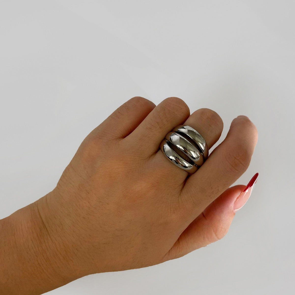 Tri-Ring Geometric Statement Ring - Stainless Steel Hollow Design