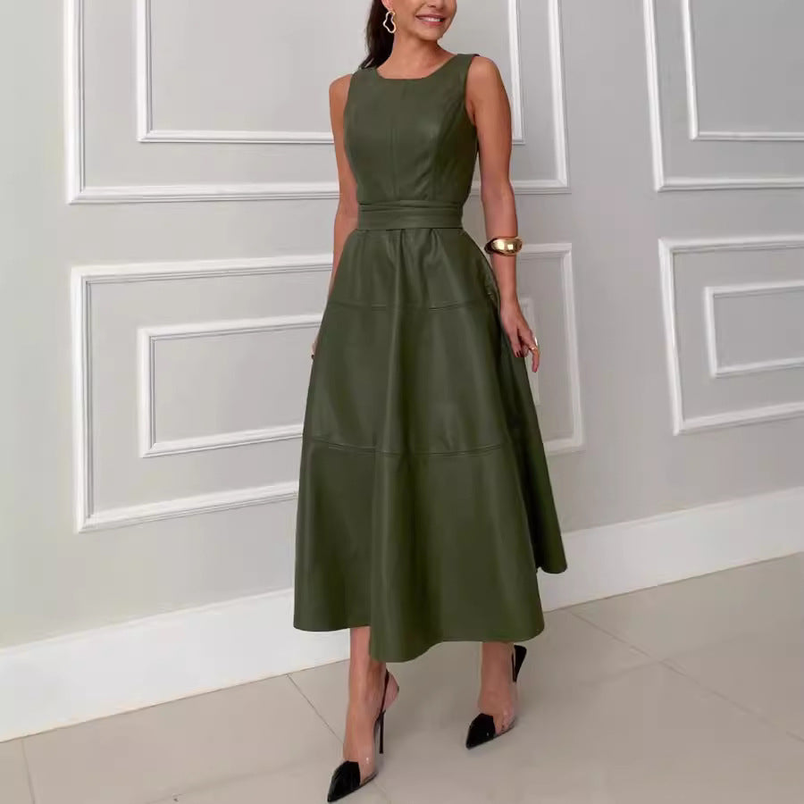 Olive Green PU Leather Sleeveless Princess Dress