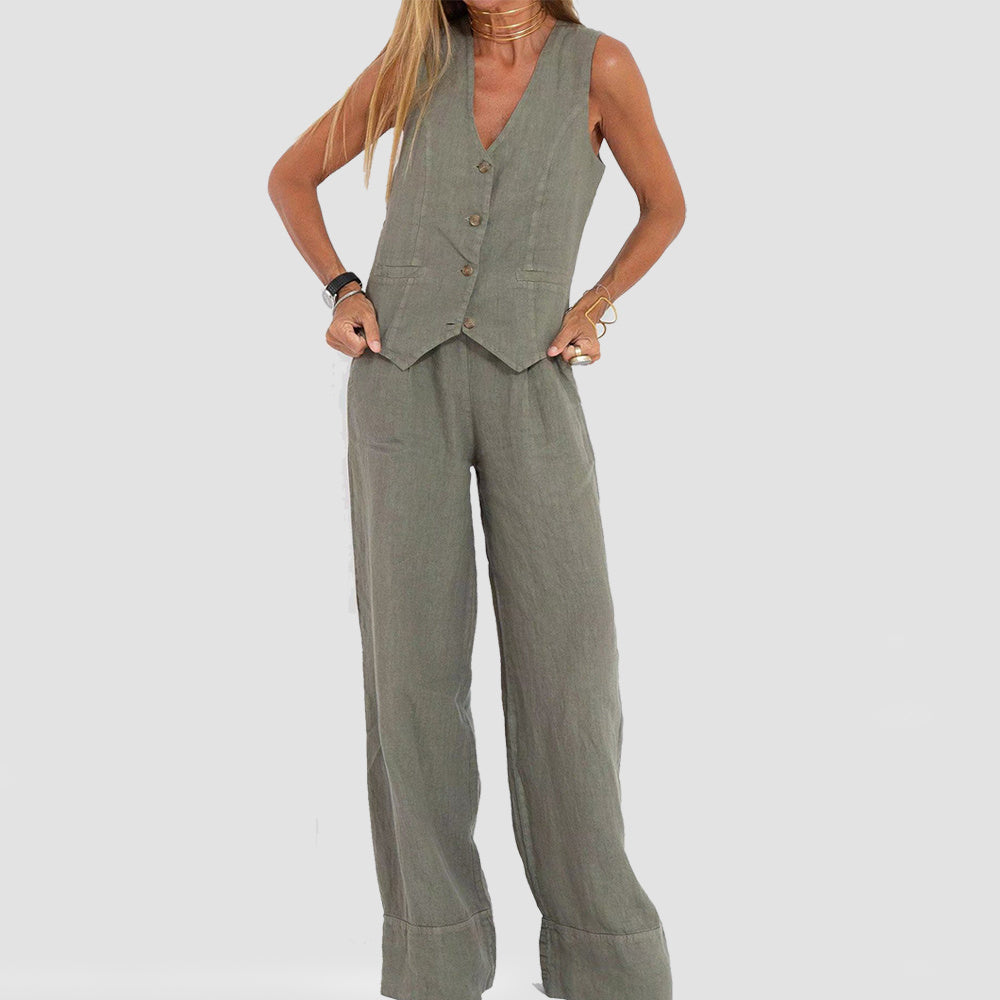 Summer V-Neck Cotton Linen Vest and Pants Set