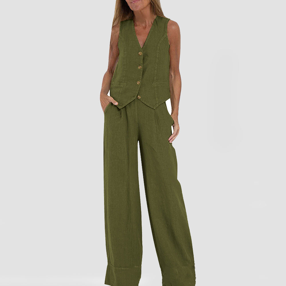 Summer V-Neck Cotton Linen Vest and Pants Set