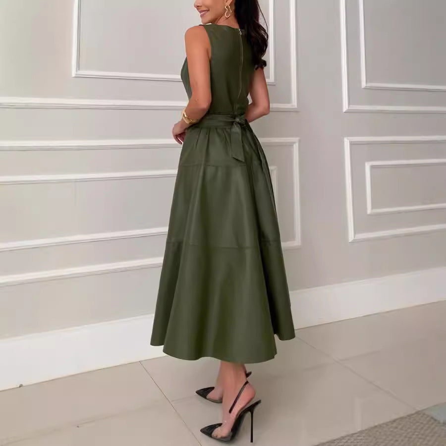 Olive Green PU Leather Sleeveless Princess Dress