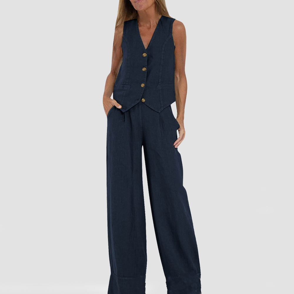 Summer V-Neck Cotton Linen Vest and Pants Set