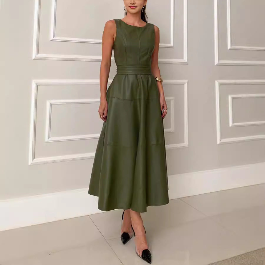 Olive Green PU Leather Sleeveless Princess Dress