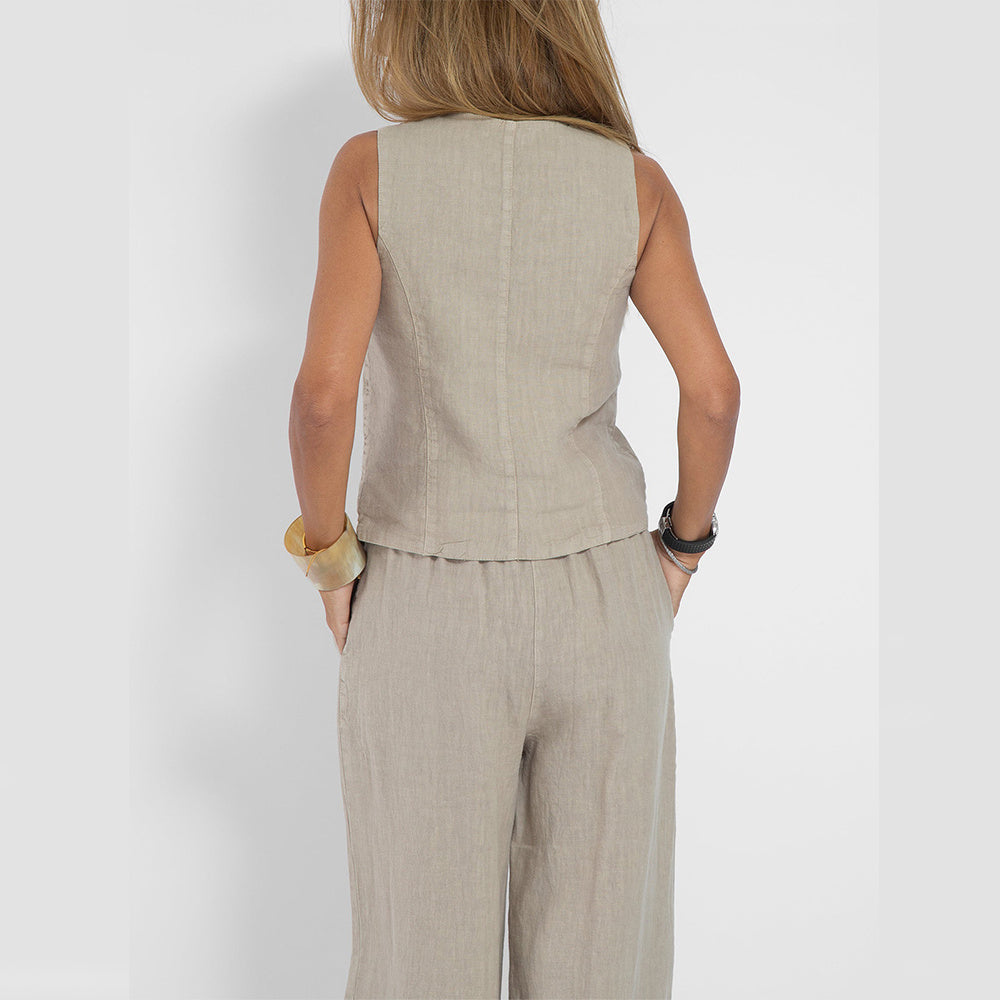 Summer V-Neck Cotton Linen Vest and Pants Set