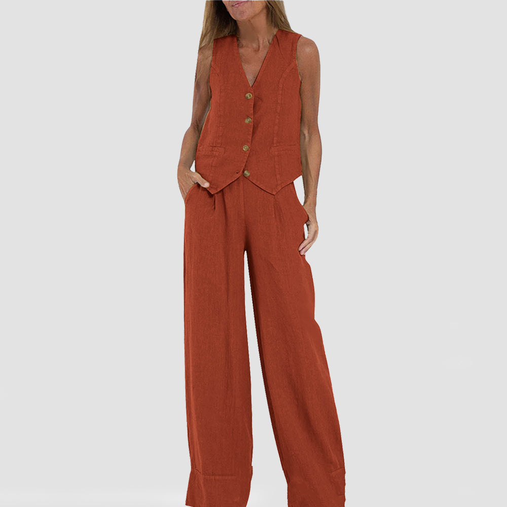 Summer V-Neck Cotton Linen Vest and Pants Set