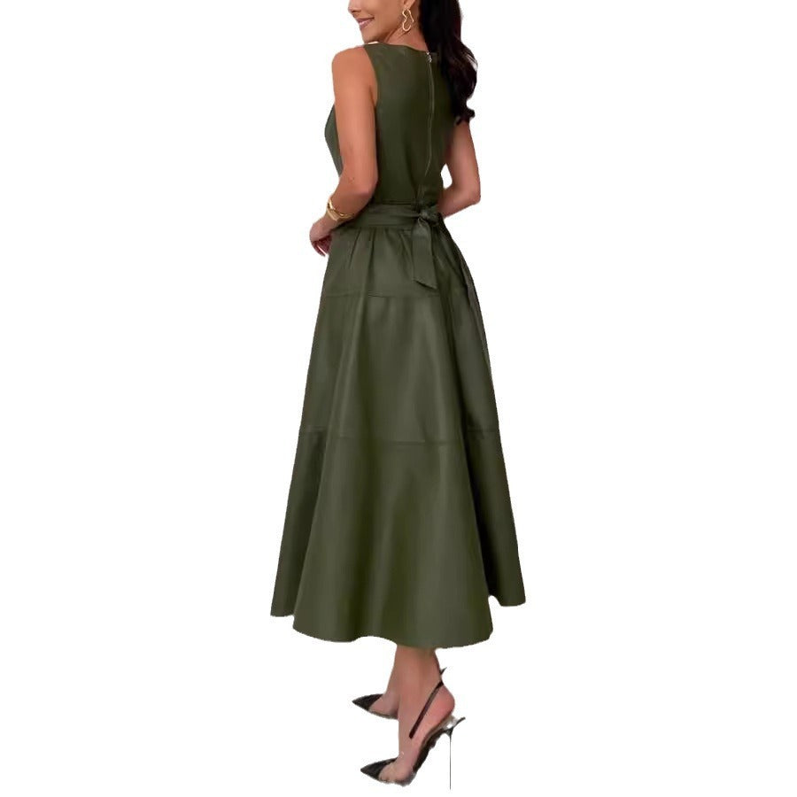 Olive Green PU Leather Sleeveless Princess Dress