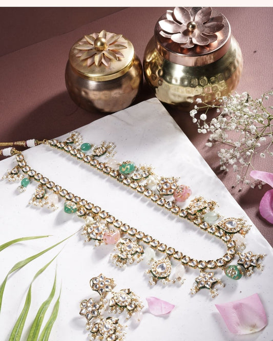 Semi-Precious Kundan Set – Luxurious 18K Gold-Plated Necklace & Earrings with Kundan Stones | Siiri Designer Jewelry