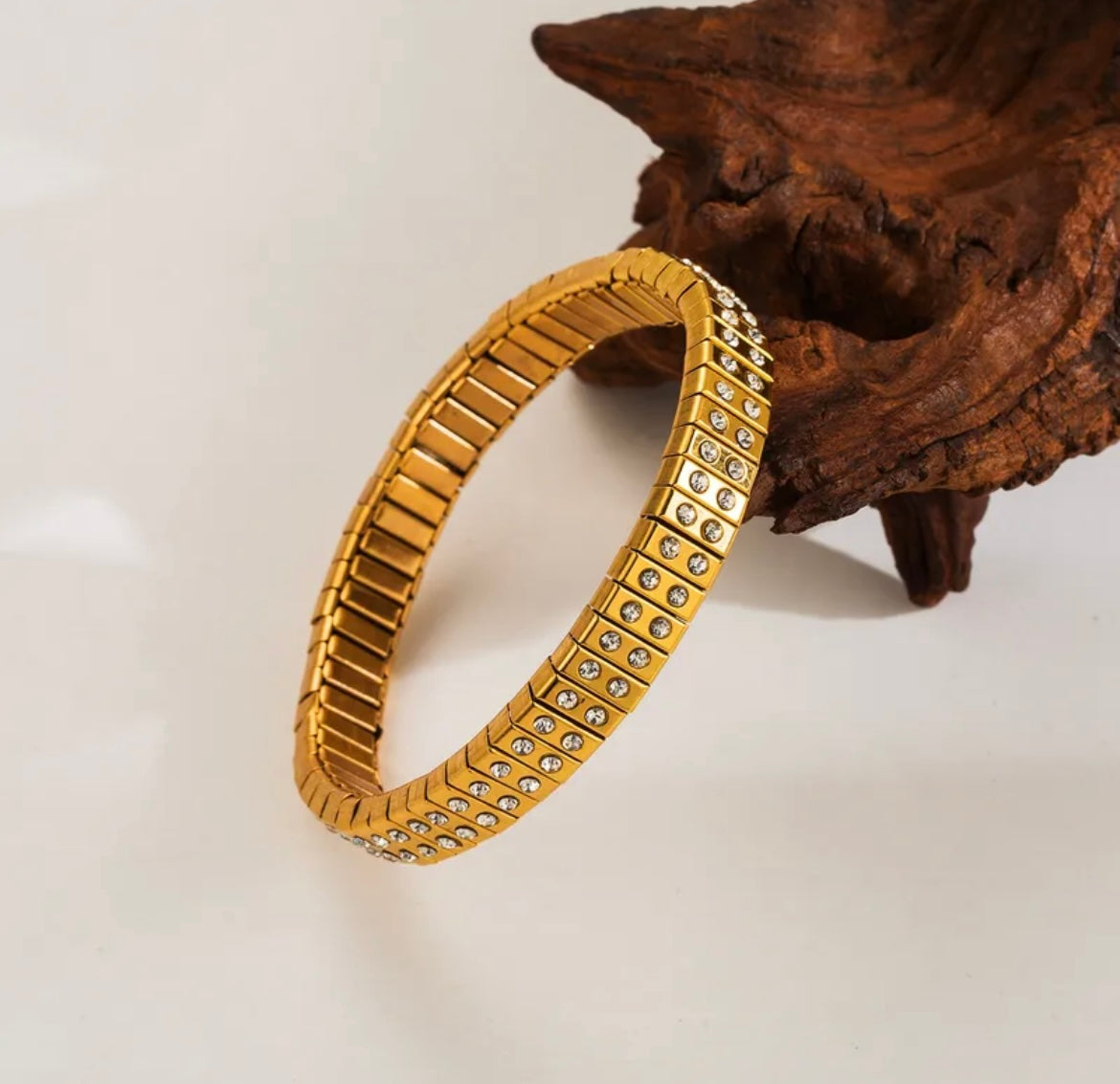 Gold Plated Expandable Bracelet with Rhinestones