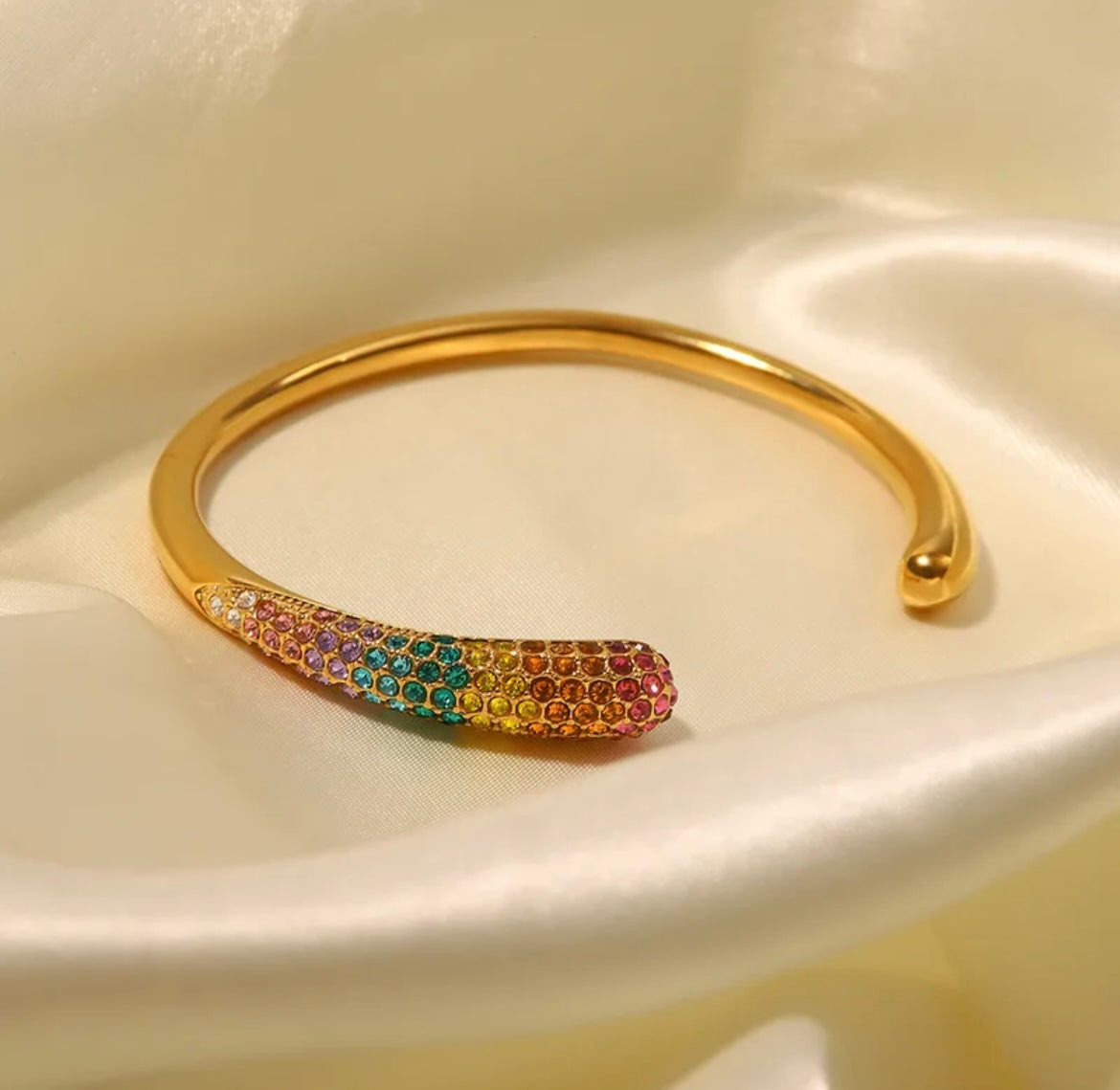 Chic Cuff Bracelet - Rainbow Rhinestone, Plain Gold, and Pearl Detailing