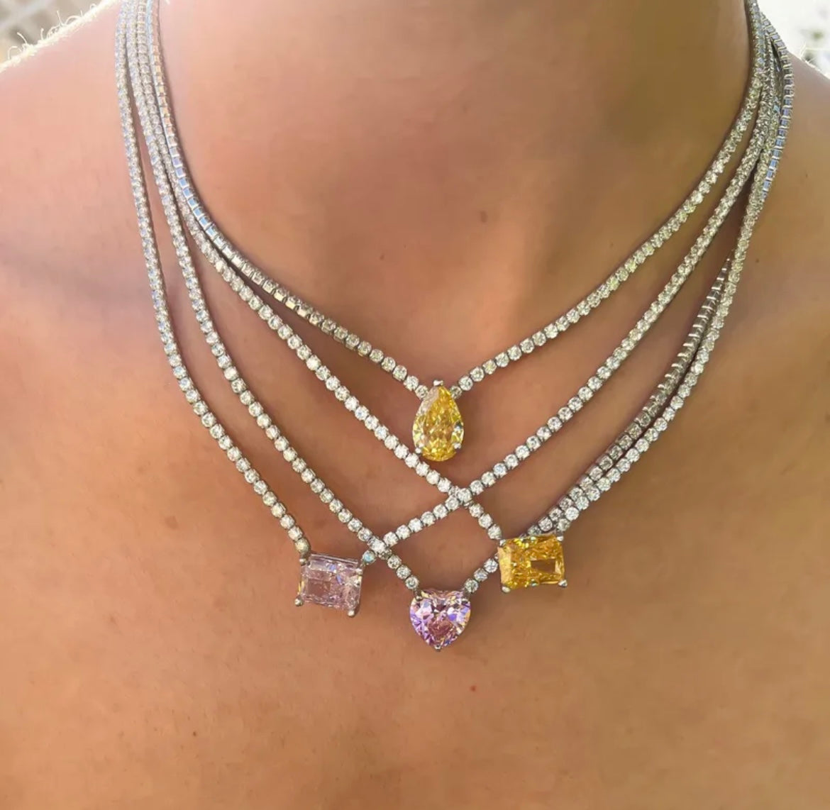 Colored Stone with CZ Tennis Chain Necklace