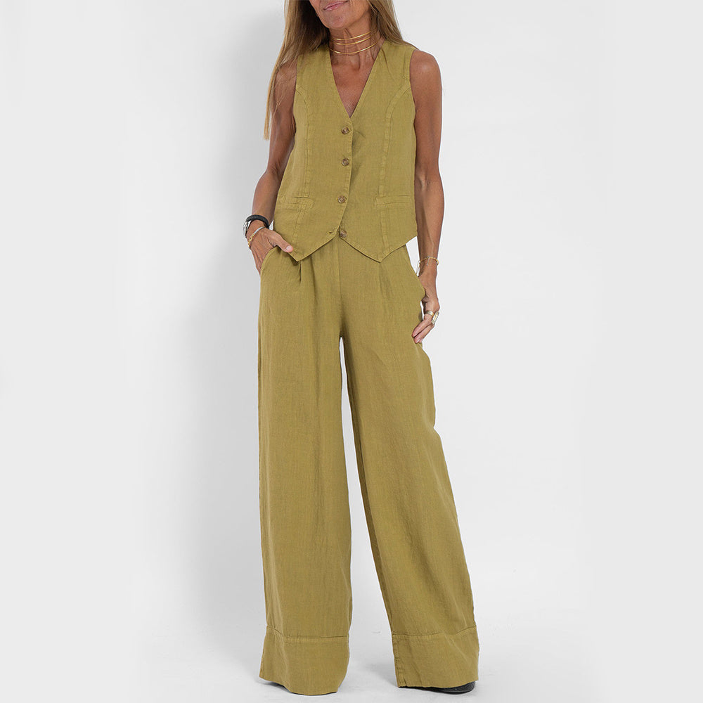 Summer V-Neck Cotton Linen Vest and Pants Set