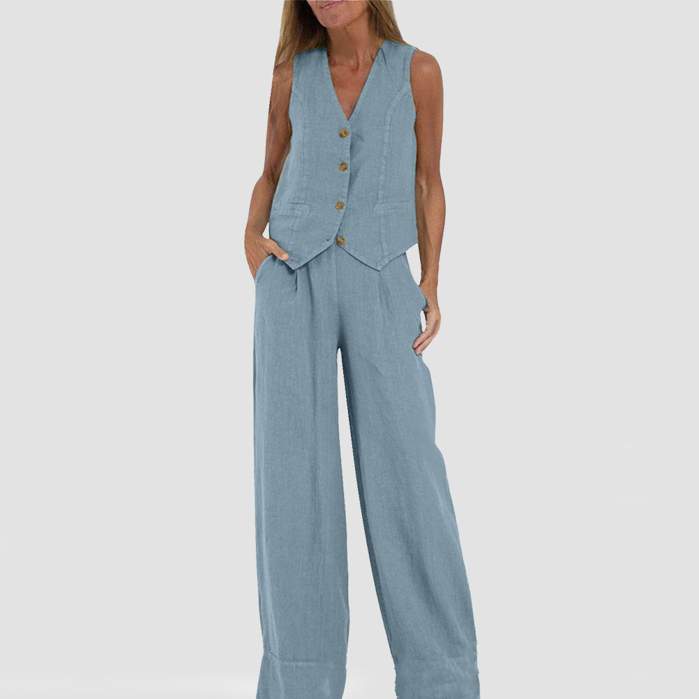 Summer V-Neck Cotton Linen Vest and Pants Set