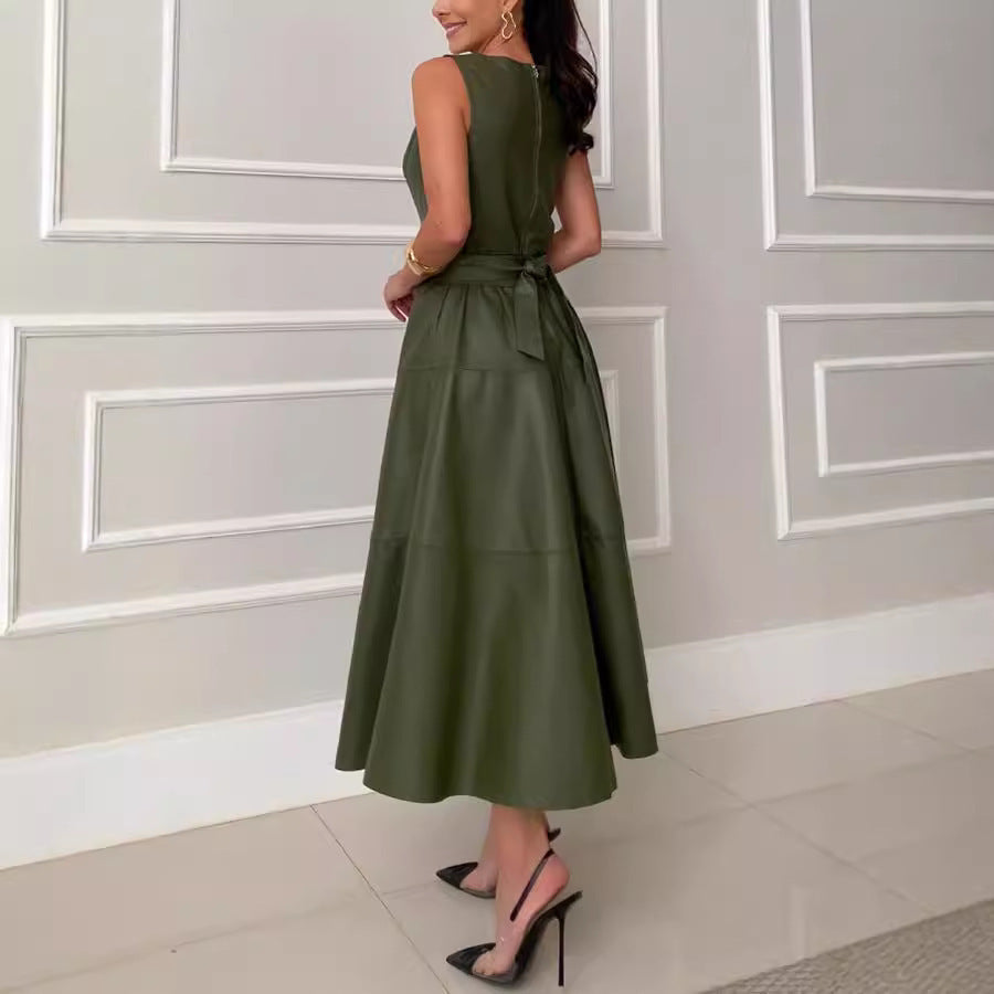 Olive Green PU Leather Sleeveless Princess Dress