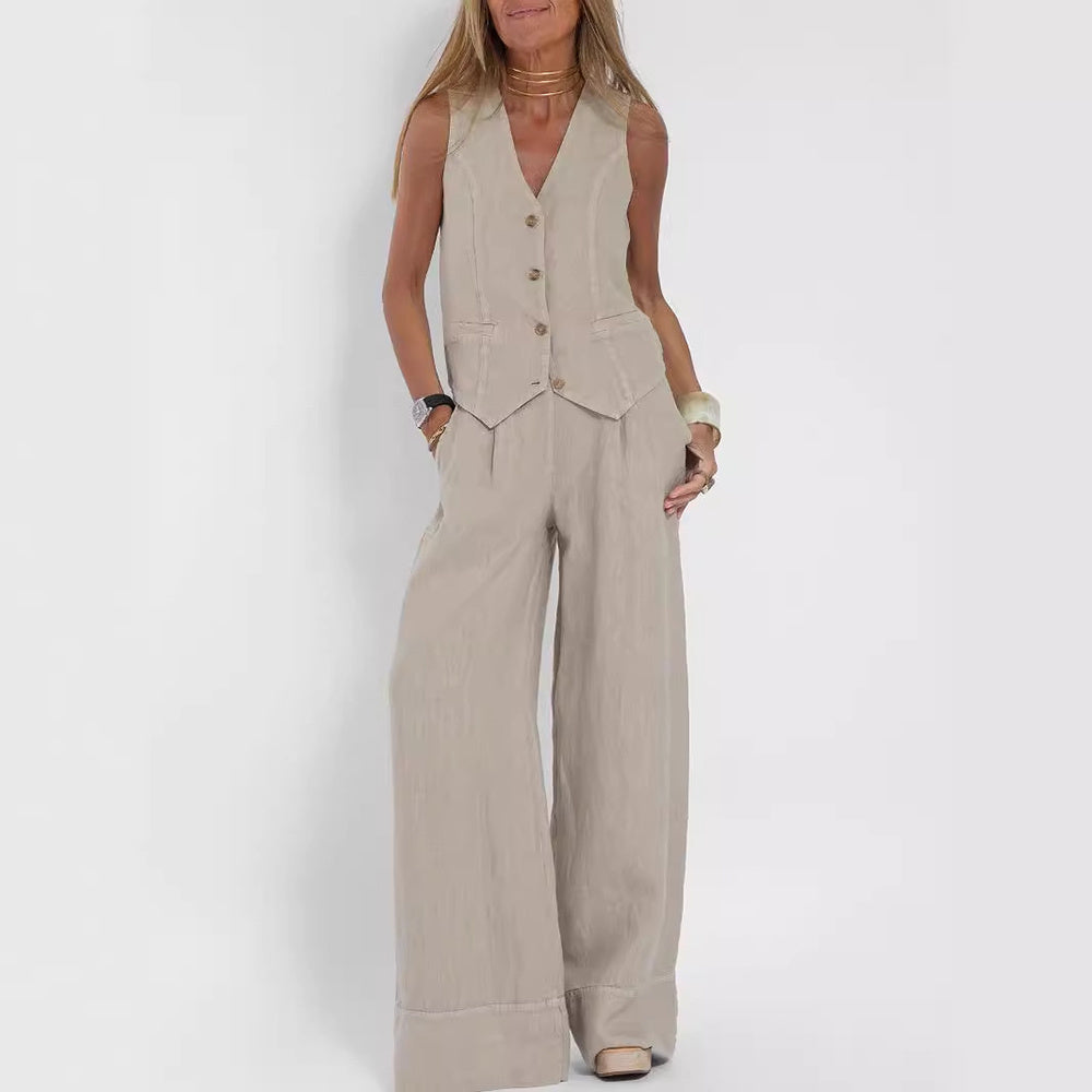 Summer V-Neck Cotton Linen Vest and Pants Set