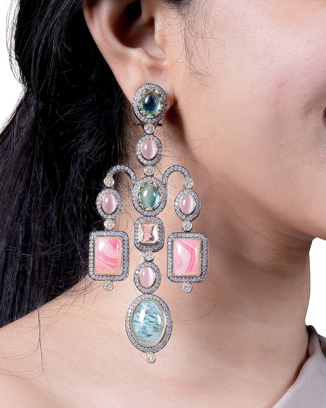 Regal Chandelier Hangings – Luxurious Gold-Plated Chandelier Earrings with Semi-Precious Stones | Siiri Designer Jewelry