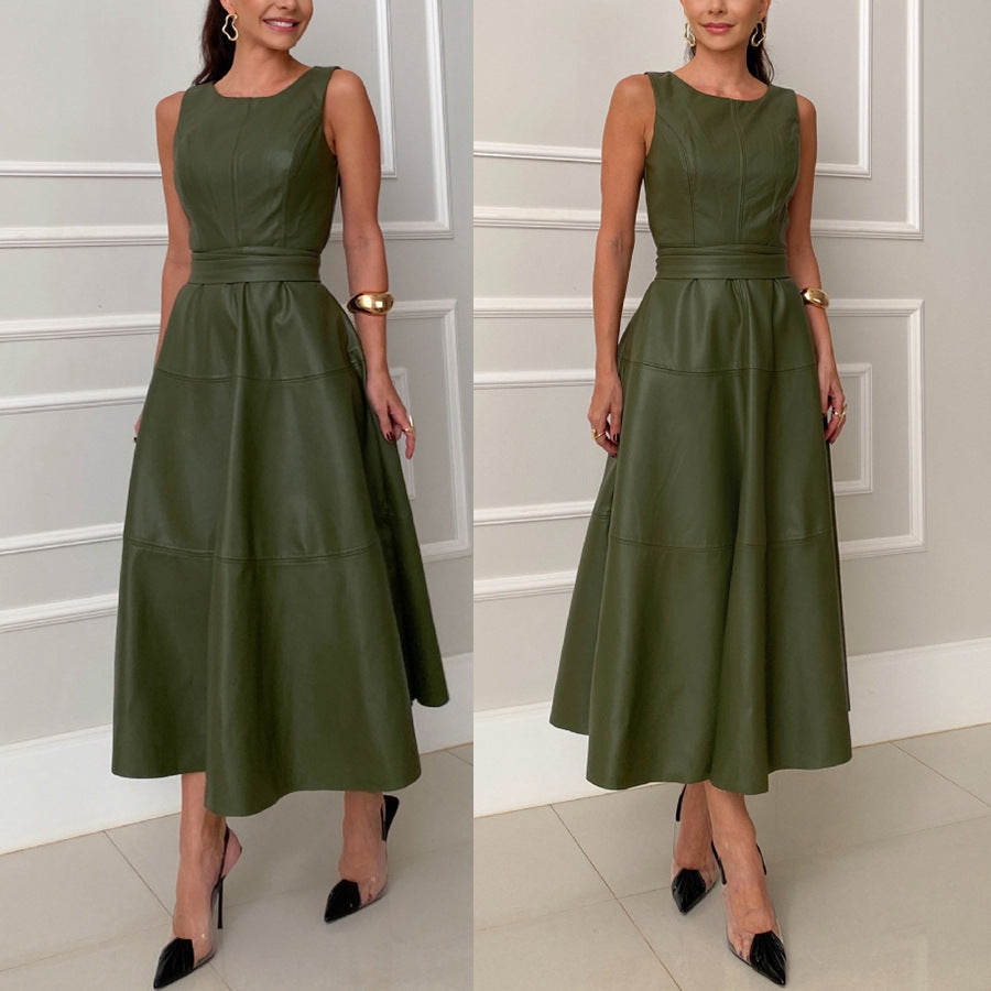 Olive Green PU Leather Sleeveless Princess Dress