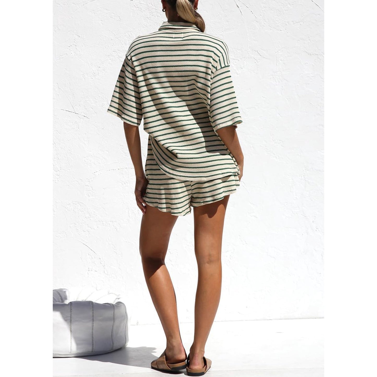 European And American Ladies Summer Suit Fresh Cotton Waffle Striped Shirt Shorts