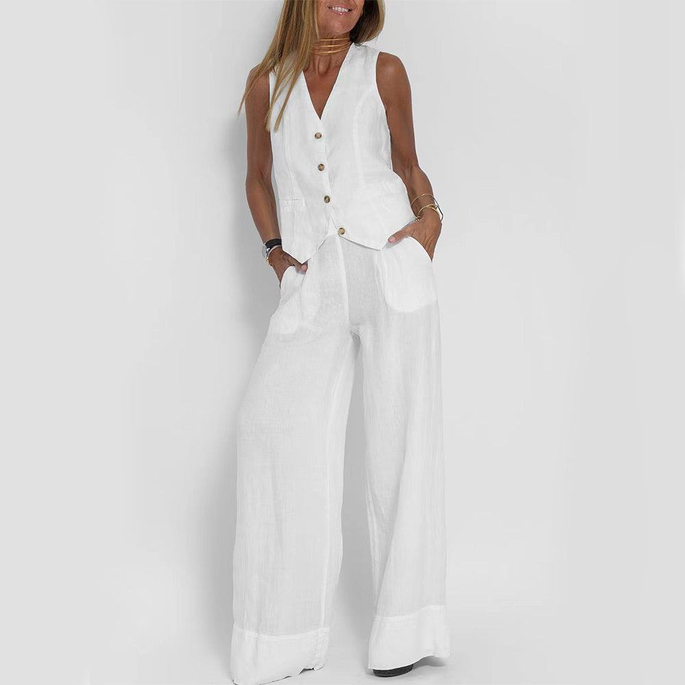 Summer V-Neck Cotton Linen Vest and Pants Set